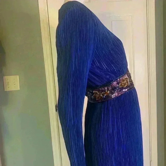 Nuit Vintage 80s Crepe Dress 10 Sequin Wasp Belt Blue Longsleeve Cocktail Formal - Picture 13 of 13